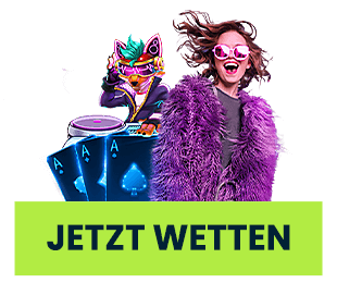 Stylische Frau mit Sonnenbrille neben animiertem DJ und blauen Spielkarten